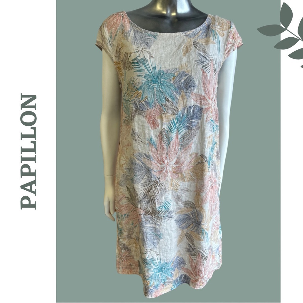 Papillon Linen Short Sleeve Sheath Dress Foliage Print Contrast Knit Side Inlay